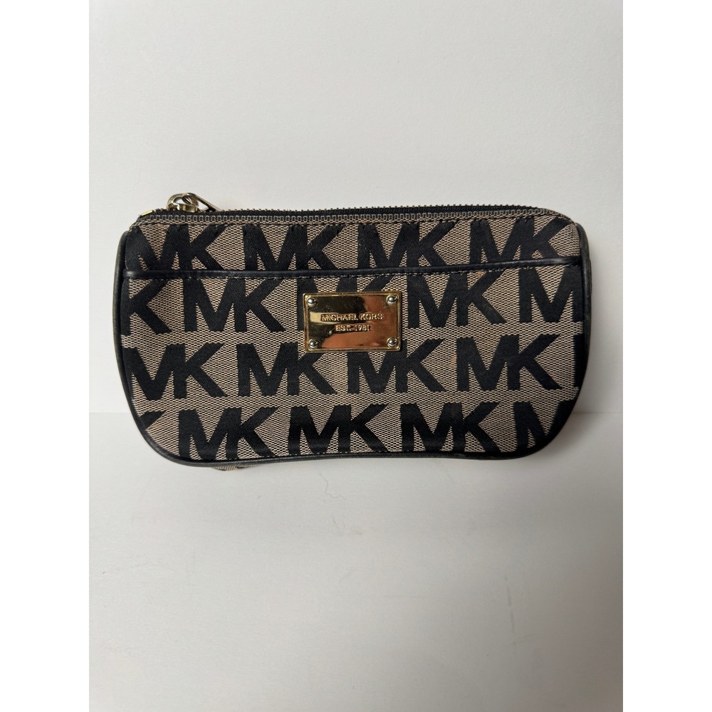 Michael Kors Monogram Jacquard Pouch Bag Tan Black Gold Tone Logo Pouch
